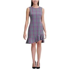 Tommy Hilfiger Dress Gray Windowpane Plaid Drop Waist Ruffle Sleeveless